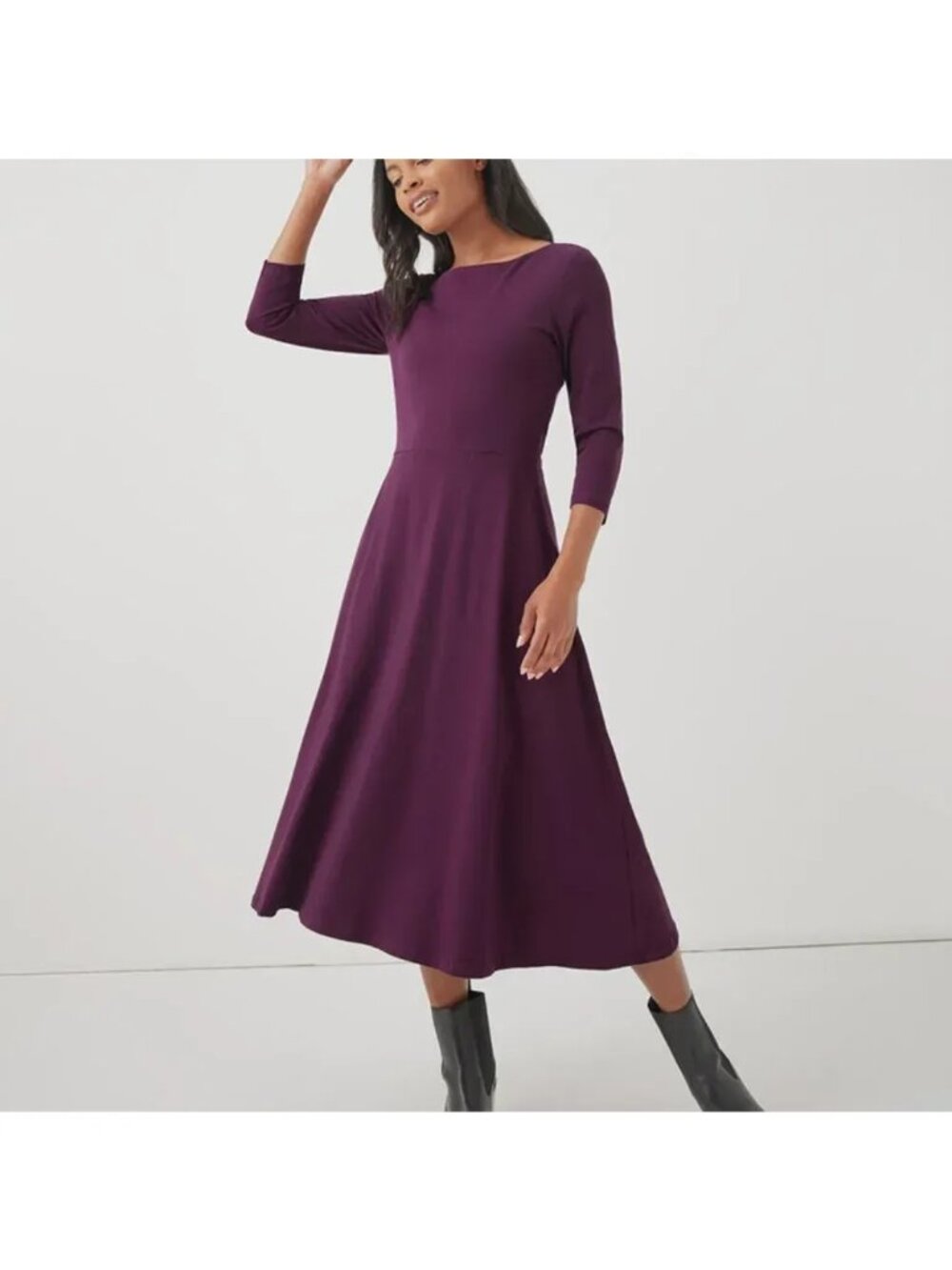 Pact Size S Open-Back Midi Dress 3/4 Sleeve Organic Cotton Wine Purple Fit Flare - Picture 2 of 11